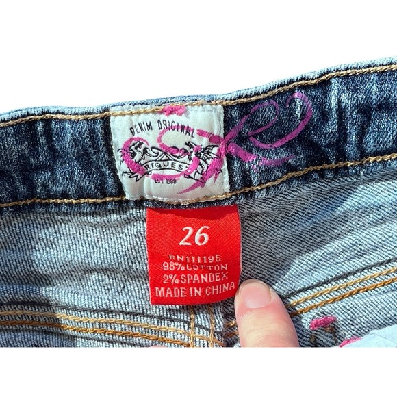 Vtg Y2K Request Distressed Rhinestone Embellish Light Wash Blue Jean 26 Dopamine - Picture 5 of 9